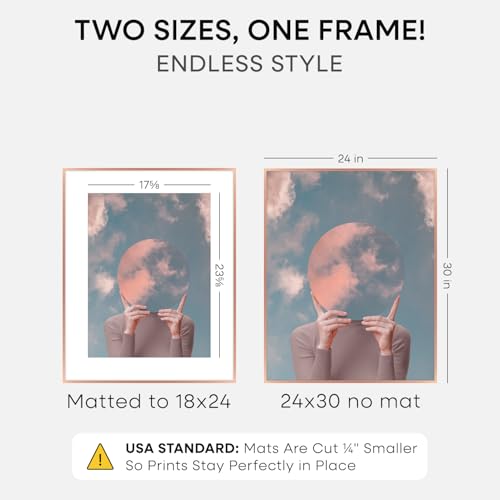 Image of Homeforia 24x30 Frame Rose Gold, High End Metal 24x30 Picture Frames with Mat 18x24 inch Photo, 24 x 30 Rose Gold Poster Frame Matted to 18 by 24, 30x24 Large Frame, Tempered Glass, Wall Kit, Set of 1