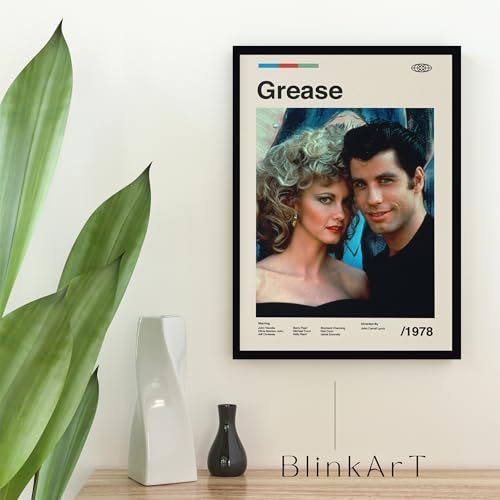 Image of BLINKART Grease (1978) Movie Poster Frame 12x18 Inch | Premium 300 GSM Paper Wall Print | Mid Century Vintage Film Artwork for Home, Bedroom, Living Room, Office | Framed Photo Decor