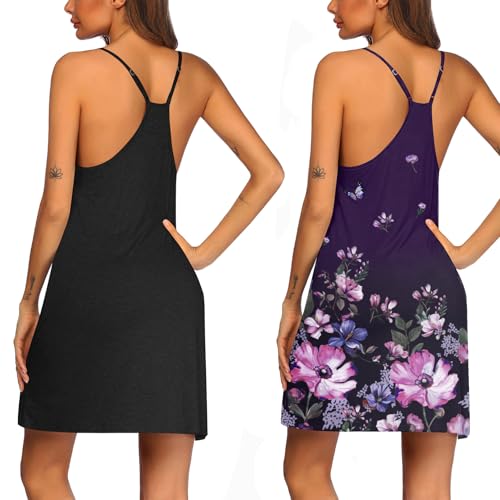 Image of Ekouaer 2 Pack Nightgown for Womens Nightshirt Sleepwear Sleep Tank Chemise Racerback Sleeveless Dress