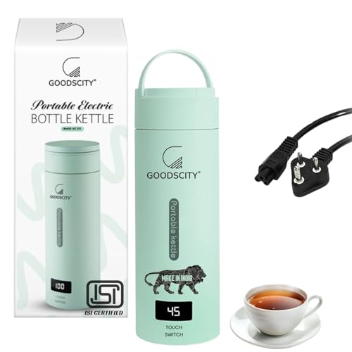Image of Goodscity Portable Electric Kettle Travel Water Bottle For Boiling Hot Water Milk With Cool Touch Exterior, Auto Shut Off, 300W fast Heating, Leakproof, 1 Touch Screen, 500 Ml, Green, 1 year Warranty