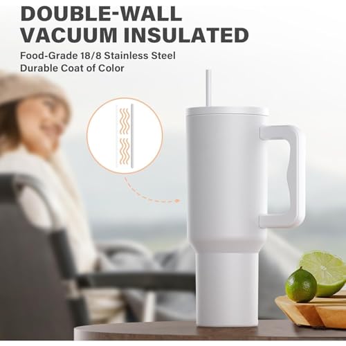 Image of NYRWANA 1200ML Stainless Steel Tumbler - Hot & Cold | Double Insulated Travel Mug with Handle, Leak-Proof Lid & 2 Straws | Dishwasher Safe | Fits Cupholders | Ideal for Gym, Travel & Office (White)
