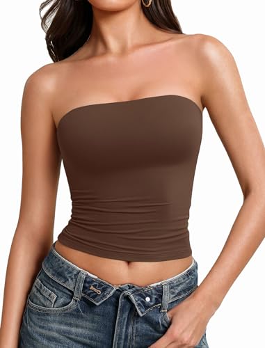 Avidlove Tube Tops for Women Going Out Tops Double Lined Sexy Crop Bandeau Strapless Basic Tank Top Slim Fit Y2K Cute Summer Trendy Outfits Brown L