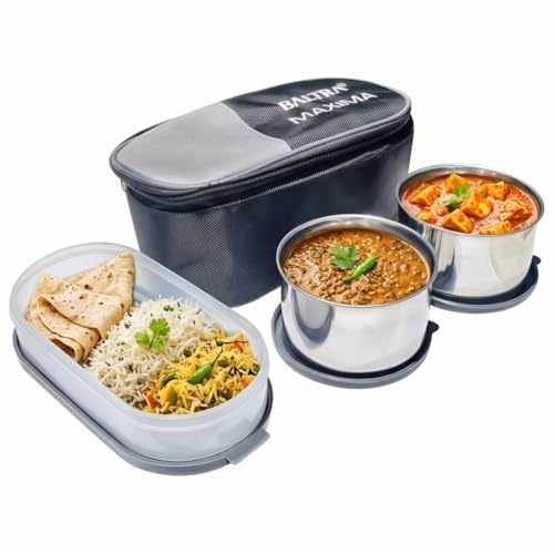 Image of BALTRA LUNA Set of 3Pcs Lunch Box with Insulated Fabric Bag For Daily Use | 2 x 220ml Stainless Steel Container, 1 x Oval Container | Lightweight Leakproof Airtight Tiffin Box Case For Office & Travel