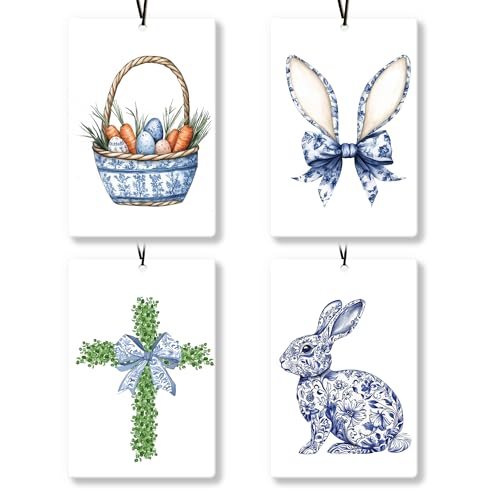 Image of Chinoiserie Christian Easter Car Air Freshener 4Pcs, Blue and White Chinoiserie Bunny Rabbit Egg Air Freshener for Car Interior Closet Drawer Books, Religious Easter Car Mirror Decor Hanging