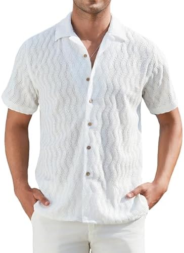Alex Vando Mens Summer Shirts See Through Sheer Lace Casual Short Sleeve Button Down Beach Shirt