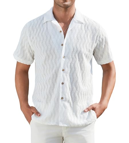 Alex Vando Mens Summer Shirts See Through Sheer Lace Casual Short Sleeve Button Down Beach Shirt
