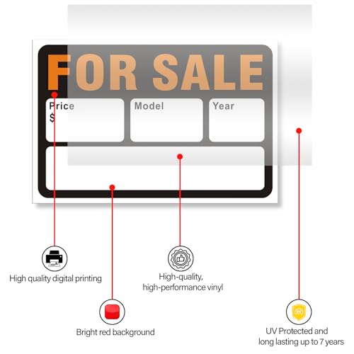 Image of 2 Pack For Sale Car Window Sticker, 12 inchx 8 inch Reflective Vinyl Self-Adhesive Writeable Vehicle Sale Sign with Price Model Year Fields, Waterproof & UV Resistant, Easy-to-Install for Used Car Sales & Auto Dealerships (Black Orange)
