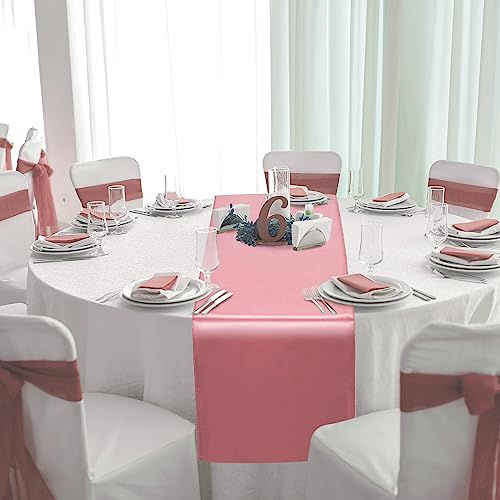 Image of 12 Pack 12x108 Inch Satin Table Runner and 84 Inch Round Plastic Tablecloths Set White and Rose Gold Disposable Round Table Cover for Graduation Wedding Shower Anniversary Birthday Party Decorations
