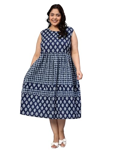 Image of Indietoga Women's Plus Sizes Pure Cotton Printed Tiered Midi Dress (XL to 7XL)