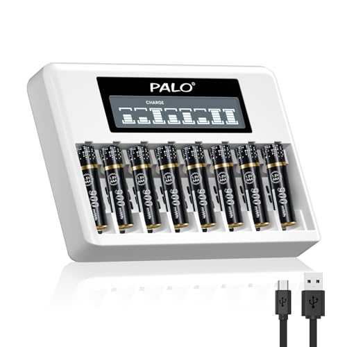 Palogreen LCD Chargeur De Piles - avec 8 Pcs AAA 900mWh 1.5V Li-ION Piles Rechargeables,8 Slots Indépendants Chargeur pour AA AAA avec Indicateur Intelligent Charge Rapide