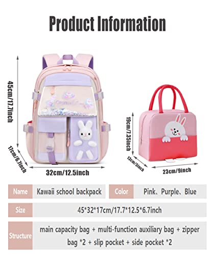 2PCS Kawaii Backpack Set with Lunch Bag,17.7inch Bunny Backpacks for Girls Large Capacity Aesthetic School Bag Cute Bookbags with Beaded Quicksand Pocket & Rabbit Doll,Pink2