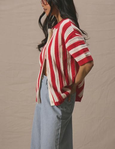 Womens Polo Collared Striped Short Sleeve Sweater Tops Button Crochet Summer Cropped Cardigan3