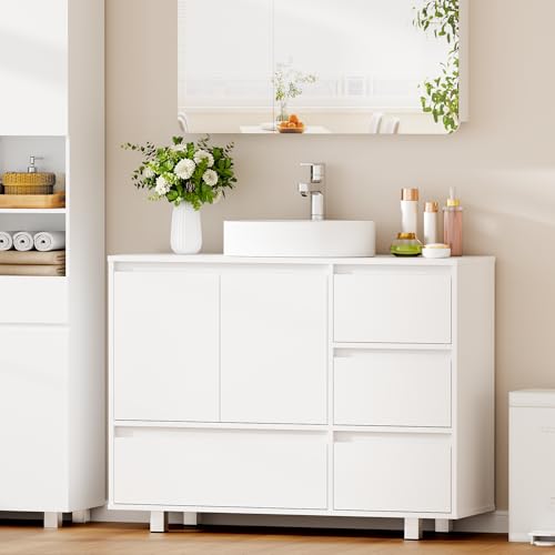 ANWBROAD Mueble Bajo Lavabo, 4 Cajones, 2 Puertas, Armario de Baño con Patas, Moderno,90 x 30 x 64,5 cm, Blanco SSC002W
