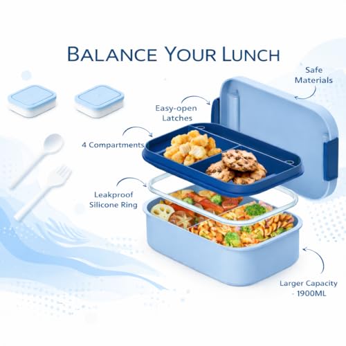 Image of YELONA Lunch Box for Office & Kids 1900ML | Double Layer Leakproof Bento Box with 5 Compartments | Microwave Safe, Built-in Spoon & Fork, BPA Free Tiffin Box - Blue