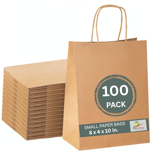Image of RanGit Bhumi Brown Paper Bags with Handles -100pcs 8x10x4 in Small Paper carry bag for Shopping Retail, Party Favor Return Gift Bags, Durable DIY kraft bag, Disposable (8x4x10 in Brown, 100 pack)