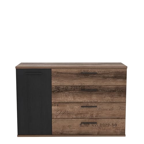 Forte JACKY Sideboard mit 4 Schubladen und 1 Tür, Holzwerkstoff, Script-Schlameiche/Schwarz Eiche, B x H x T: 124,9 x 83,1 x 41,3 cm