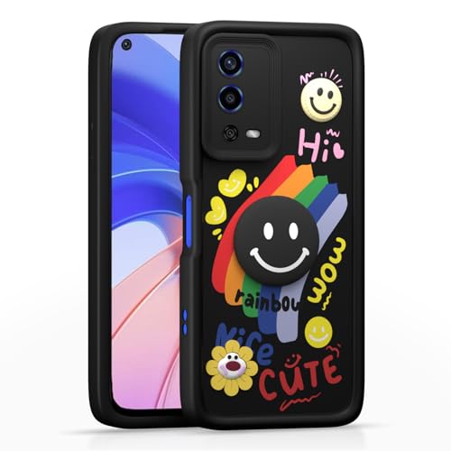 Image of Pikkme Back Cover for Oppo A55 | Soft Silicone| Cute Rainbow Smile & 3D Cartoon Flower Design | Shockproof Raised Camera Protection Bumper Case (Black)