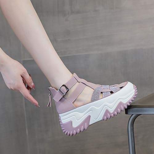 Women Rhinestone Thick-Soled Fashion Sneakers,Hollow Back Zipper Heightening Shoes Comfortable Adjustable Buckle Breathable Casual Platform Sneakers Sandals3