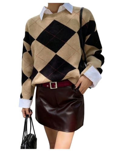 SOLY HUX Womens Argyle Sweater Plaid Long Sleeve Crew Neck Knit Pullover Casual Preppy Sweater Tops Multicolor Large