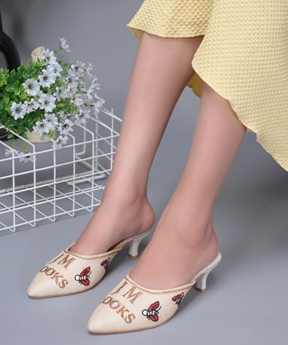 Image of JM LOOKS Pointed Toe Kitten Heel Mules Featuring Exquisite Bee Embroidery and Shimmering Textured Fabric Finish