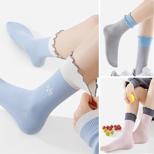 Image of Women Girls Summer Ruffle Turn-Cuff Casual Crew Socks Cute Breathable Combed Cotton Blend Colorful Sock (3 Pairs, Grey, Blue, Pink)