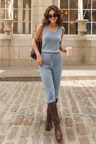 Ekouaer Jumpsuits for Women Casual Summer Sleeveless 2026 Ribbed One Piece Romper Dressy Vacation Clothes Travel Outfits Light Blue XXL — view 2