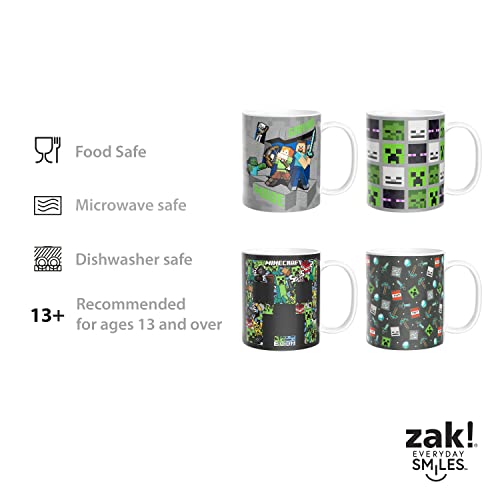 Zak Designs Minecraft Mug Unique Ceramic Coffee Cup Set, Can Coffee Mugs with Comfortable Handle for Gamer Gifts, Dishwasher and Microwave Safe (11.5 oz, 4-Piece Set)