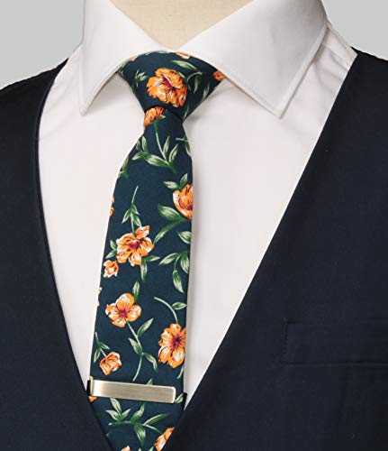 Image of Men's Skinny Tie Floral Cotton Necktie and Tie Bar Clip Sets, Great for Weddings,Groom,Groomsmen