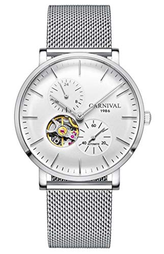 ブランド メンズ腕時計 自動巻き 機械式 スケルトン 24時間 ステンレススチール メッシュストラップ 超薄型腕時計, シルバー, 機械式