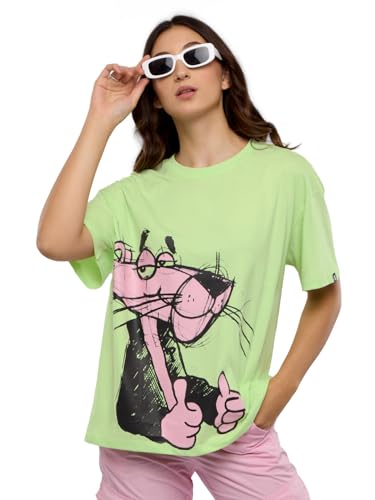 Image of The Souled Store Official Pink Panther: Thumbs Up Women and Girls Oversized fit Graphic Half Sleeve Cotton Green Color Women Oversized T-Shirts (216639)