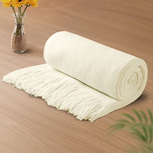 Vonty Ivory White Knitted Blanket with Tassels Fringe 50" x
