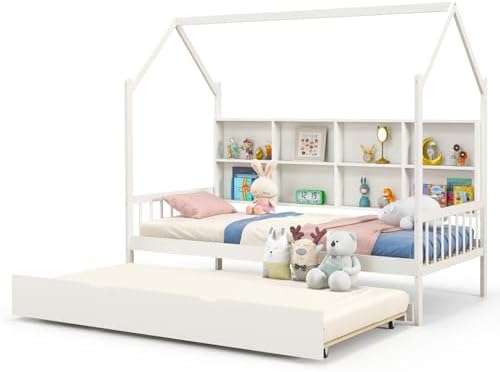 Giantex Twin House Bed with Trundle, Kids Montessori Bed Frame with ...