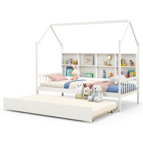 Giantex Twin House Bed with Trundle, Solid Wood Bed Frame with Roof & 8 Cube Bookcase, Wooden Slatted Support Bed Frame for Girls, Boys, No Box Spring Needed, White