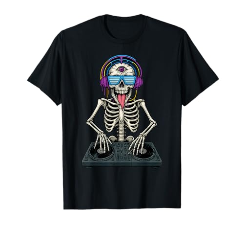 halloween Cool Skeleton DJ on Decks Rave EDM Music Vibes T-Shirt