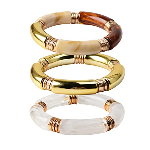 Image of GOOJIDS Simple Beaded Gold Plated Bangles Bracelet Chunky Bamboo Tube Curved Stacking Clear Acrylic Colorful Beads Stretchable Gold Plated Bracelets Set For Women