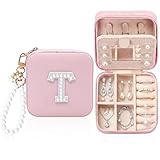 Travel Jewellery Box,Personalised Alphabet Jewellery Organiser,Jewelry Box with Mirror,Travel Jewelry Organizer Storage Trinket Box,Portable Gift for Women, Mothers Day Valentines Day (T)