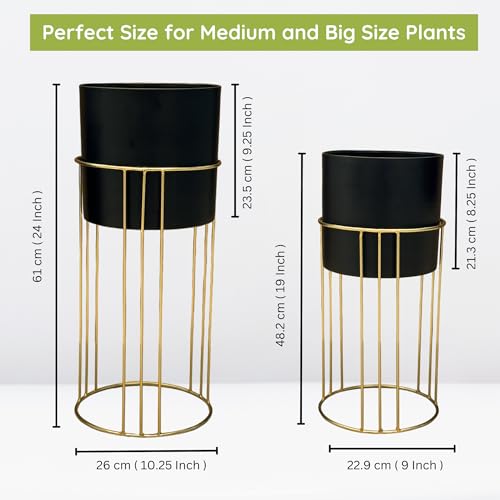 Image of Decorative Black Planter Gold Stand for Living Room | 24 inch & 19 inch (Height) x 10 inch & 9 inch (Diameter) | Modern Indoor Planters and Flower Pots Set of 2 (Gold & Black)