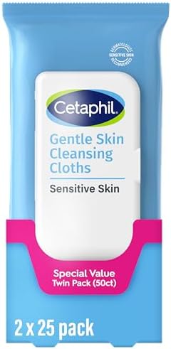 Cetaphil Face and Body Wipes, Gentle Skin Cleansing Cloths, 50 Count, Twin Pack, for Dry, Sensitive Skin, Flip Top Closure, Great for the Gym, Travel, in the Car, Hypoallergenic, Fragrance Free