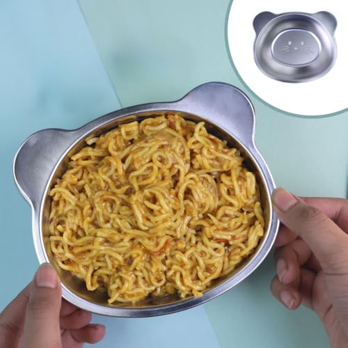 Image of LiLLMONKiDZ Stainless Steel Kitty Bowl with Spoon & Spork for Kids, 500ml Capacity Soup & Maggie Bowl Set, Adorable Printed Snack Bowl Set