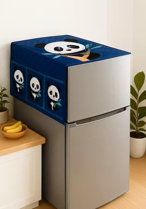 Image of STOREUP double Door or Single Door Fridge Cover | solid Print Fridge Cover With Side Pockets|Fridge Top Cover|Refrigerator Cover|Washable Cotton Material|6 Utility Pockets (BLUE PANDA)