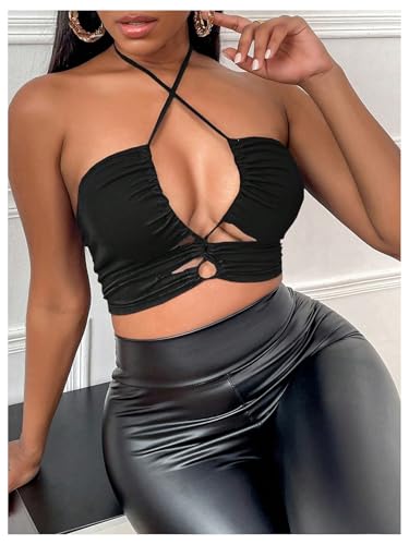 SOLY HUX Women's Cut Out Halter Tops Criss Cross Backless Ruched Party Club Crop Tops4