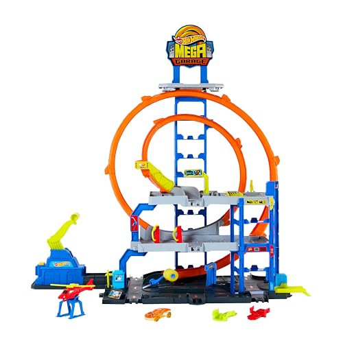 Hot Wheels Spielzeugauto Trackset mit Die-Cast-Auto und Hubschrauber 3 Spielebenen 2 Loopings Platz für 37 Fahrzeuge im Maßstab 1:64 schnelle Steckadapter JLC05