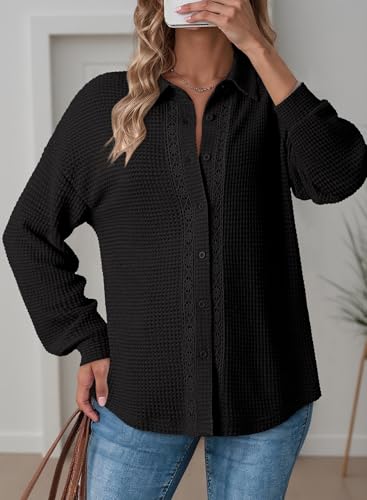 Dokotoo Womens Waffle Knit Crochet Lace Shirts 2025 Fall Long Sleeve Button Down Blouses3