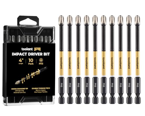 Image of toolant PH3 Phillips Impact Bit Set, 4 Inch, 10-Piece, Magnetic | S2 tool steel construction, precision-machined tips, anti-slip profile, magnetic retention, impact-driver use