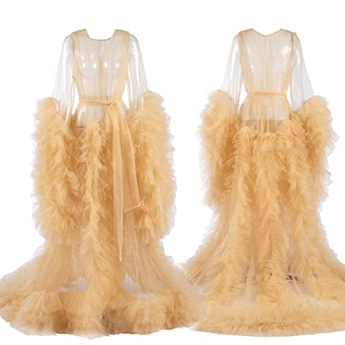 Daily Life Mall Women Tulle Robe Yellow Puffy Bridal Lingerie Dressing Ladies Dressing Gown Perspective Sheer Long Robe Puffy Tulle Robe Sheer For Maternity Photoshoot #TOP3