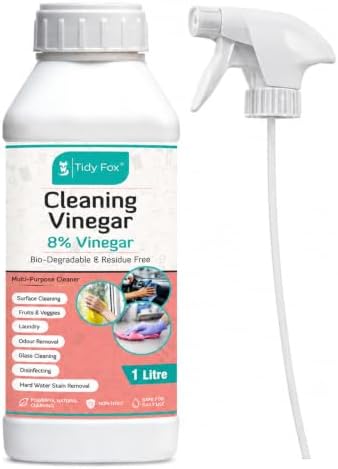 Tidy Fox Cleaning Vinegar Spray 8% Concentrated, White Vinegar All Purpose Cleaner Spray Bottle for Kitchen, Bathroom, Glass, Taps and Tiles, Removes Limescale, Hard Water Stains and Odour, 1 Litre