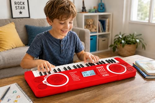 Image of Braintastic Kids Piano Keyboard with Microphone, 37 Keys, 8 Rhythms, 8 Tones with 6 in-Built Demos & Song Recording Feature for Boys & Girls (Red)