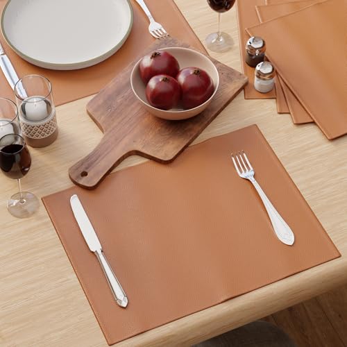 Image of Encasa XO Leather Dining Table Mats Set of 6 | Water Repellent & Heat Resistant Dining Table Mats | Washable & Easy to Clean Placemats for Kitchen Decor - 42x30 cm (Tan)