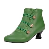 getmorebeauty Women's Ankle Boots Low Heels Lace Buttons Round Toe Side Zipper Vintage Short Boots Autumn Winter（US6.5,GREEN）