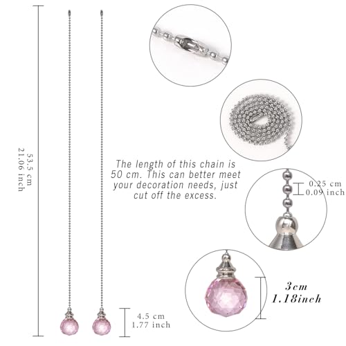 Image of Pink 2pcs Crystal Ceiling Fan Pull Chain Crystal Prism Ball 30mm Dazzling Pull Chain Extension with Connector for Ceiling Light Fan